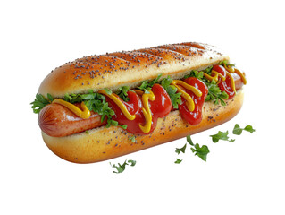 The Perfect Bite: A Mouthwatering Hot Dog on a Poppy Seed Bun, Drizzled with Mustard and Ketchup, a Flavorful Culinary Masterpiece.