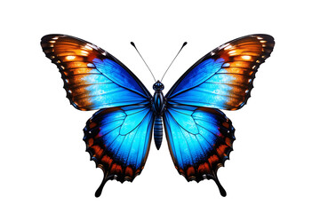 Naklejka premium Bright butterfly soaring, blue and orange wings, no background.