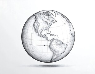 Sketch-style globe centered, showing North and South America, detailed landmasses and latitude/longitude lines