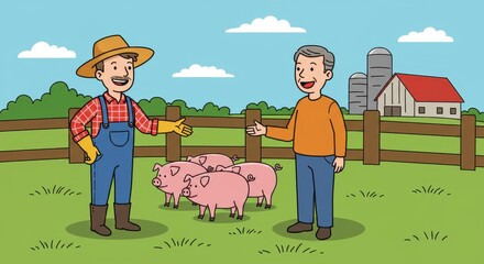Farm Scene: Farmers and Pigs