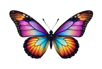 Vivid butterfly wings spread wide, flying, transparent background.