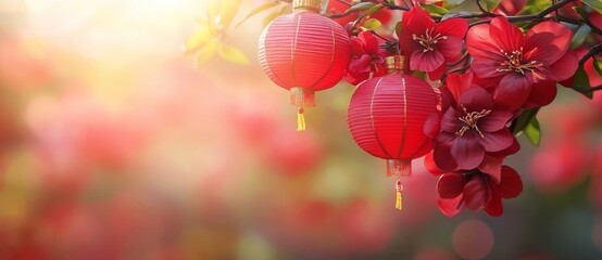 Fototapeta premium Red lanterns adorn branches in a sunny garden, forming a vibrant festive background for an Asian celebration