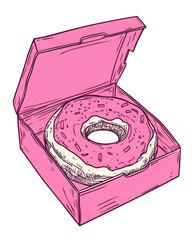 Bold Line Art Of Donut Box Flat Vector Pink  isolated on a transparent backgroun