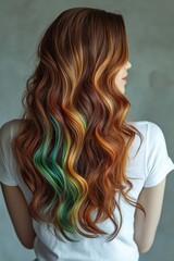 Obraz premium Side view of a woman with long, wavy hair featuring rainbow-colored highlights against a neutral background, wearing a white top