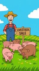 Farmer's Livestock Sale: A Cartoon Illustration of Happy Pigs for Sale