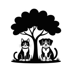 Best Friends Forever Under the Tree: A heartwarming silhouette of a loyal cat and playful dog sharing friendship and shade under a leafy tree.