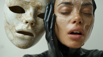 A girl with closed eyes next to a mask