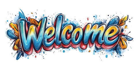 Colorful Welcome Graffiti Art with Floral Accents on Transparent Background for Greetings and Invitations