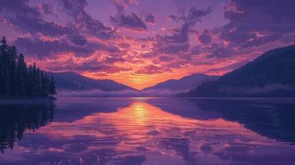 Fototapeta premium A tranquil lake scene at sunset with a mirrored reflection.