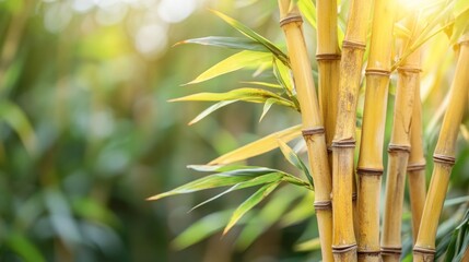 Obraz premium Golden bamboo stalks and leaves in sunlight.