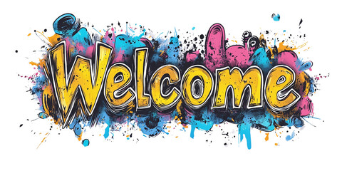 Obraz premium Vibrant Welcome Graffiti Art with Splashes of Color on Transparent Background for Creative Projects and Designs