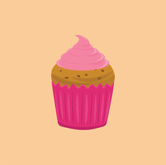 Vector illustration of food in the form of a chocolate cupcake with strawberry cream topping