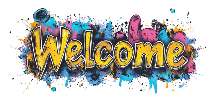 Vibrant Welcome Graffiti Art with Splashes of Color on Transparent Background for Creative Projects and Designs