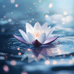 Surreal Fantasy Scene of White Lotus on Water with Magical Sparkles and Soft Focu