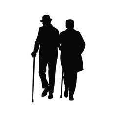 Silhouette Of Two Elderly People Walking Together Silhouette Vector Art Illustration
