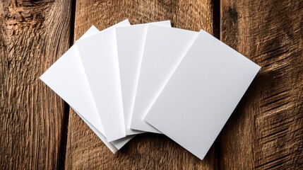 Ultra quality image of closeup mockup of four blank vertical business cards at brown wooden table background.