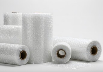 Several rolls of white bubble wrap on a white surface