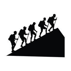 Team Of Hikers Climbing Hill Outdoor Adventure Silhouette Vector Art Illustration