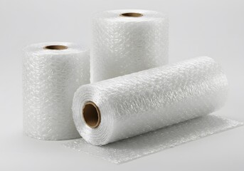 Three rolls of clear, textured bubble wrap on a plain background