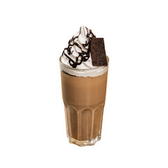 Glass of brownie shake, garnished with whipped cream on a Transparent PNG background 