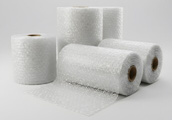 Rolled-up sheets of clear bubble wrap