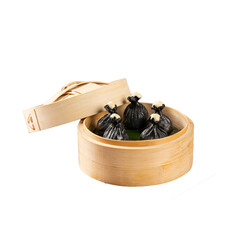Charcoal dim sum in a bamboo basket on a Transparent PNG background 