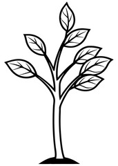 Simple Black and White Tree Illustration with Leaves for Coloring or Design