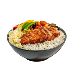 Mexican style burrito bowl with grilled chicken breast and vegetables on a Transparent PNG background 