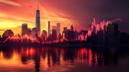 Obraz premium Vibrant sunset cityscape with superimposed stock market graph.