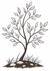 Hand Drawn Tree Illustration with Leaves and Grass on White Background