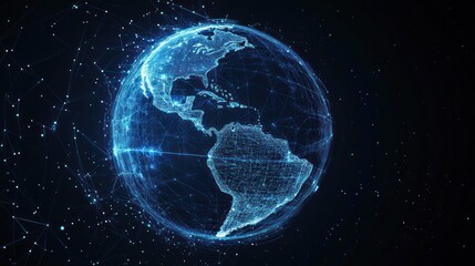 Futuristic glowing digital Earth with network connections.
