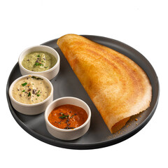 Plate of masala Dosa with three types of chutneys on a Transparent PNG background 