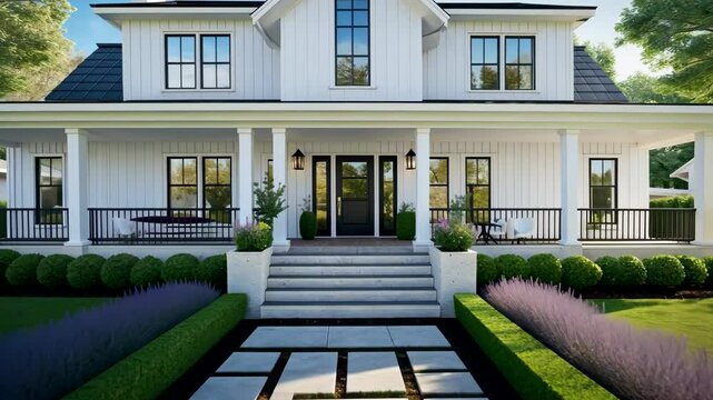 White Modern Suburban House with Porch Stairs and Landscaped Garden in Sunny Daylight