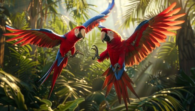 Colorful parrots gracefully flying above the dense jungle canopy in a tropical paradise setting