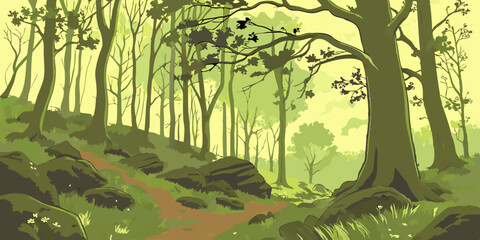 Tranquil Forest Illustration with a Winding Path and Lush Greenery © Akimul