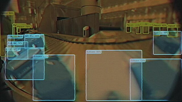 4K AI baggage recognition system at airport conveyor with digital HUD overlay, CRT glitch effects, pixel distortion, analog video texture for motion graphics, screen mode, cyber surveillance interface