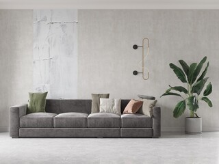 Mock up of a modern living room with a stylish comfortable sofa and an original decorative background, 3D rendering.