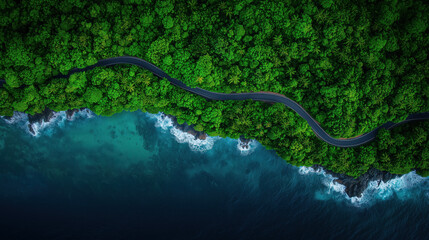 Aerial view of winding coastal road through dense tropical rainforest by the ocean