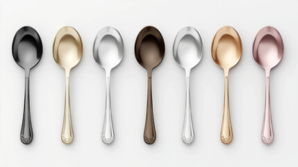 Elegant collection of metallic spoons in various colors gold silver copper rose gold and black showcasing exquisite craftsmanship perfect for culinary or design projects a stunning tableware detail