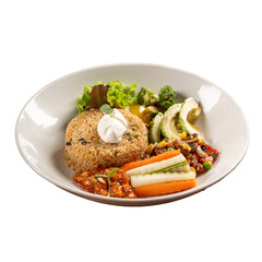 Mexican rice bowl with vegetables and salsa in a plate on a Transparent PNG background 