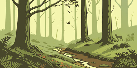 Stylized Forest Scene with Stream Deer and Birds in a Green Palette