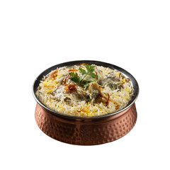 Authentic Mutton Dum Biryani in a copper pot Beautifully Presented on a Transparent PNG background 