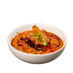 Authentic Andhra mutton curry in a white bowl on a Transparent PNG background 