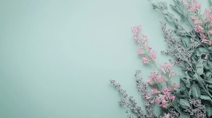 Delicate pastel flowers arranged on a mint green background.