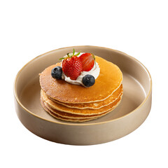 Pancakes with whipped cream and strawberry and blueberry in a plate on a Transparent PNG background 