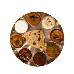 Traditional Indian Thali Meal Presented in a brass thali Top View on a Transparent PNG background 