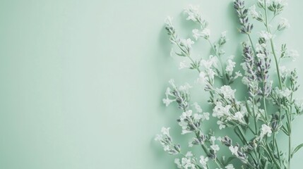 Delicate bouquet of white and lavender flowers on a mint green background.