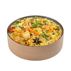 Authentic Vegetable Biryani in a bowl Beautifully Presented on a Transparent PNG background 