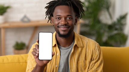 A man with curly hair and a cheerful expression is seated on a yellow couch in a comfortable indoor space. He holds a blank smartphone, likely ready to share something engaging with the viewer