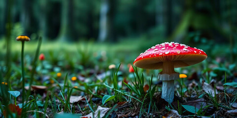 Red spotted fly agaric mushroom stands in meadow. Sunlight, floral scenery, grass, colorful flowers. Autumn season in forest. Botanical garden landscape macro photo